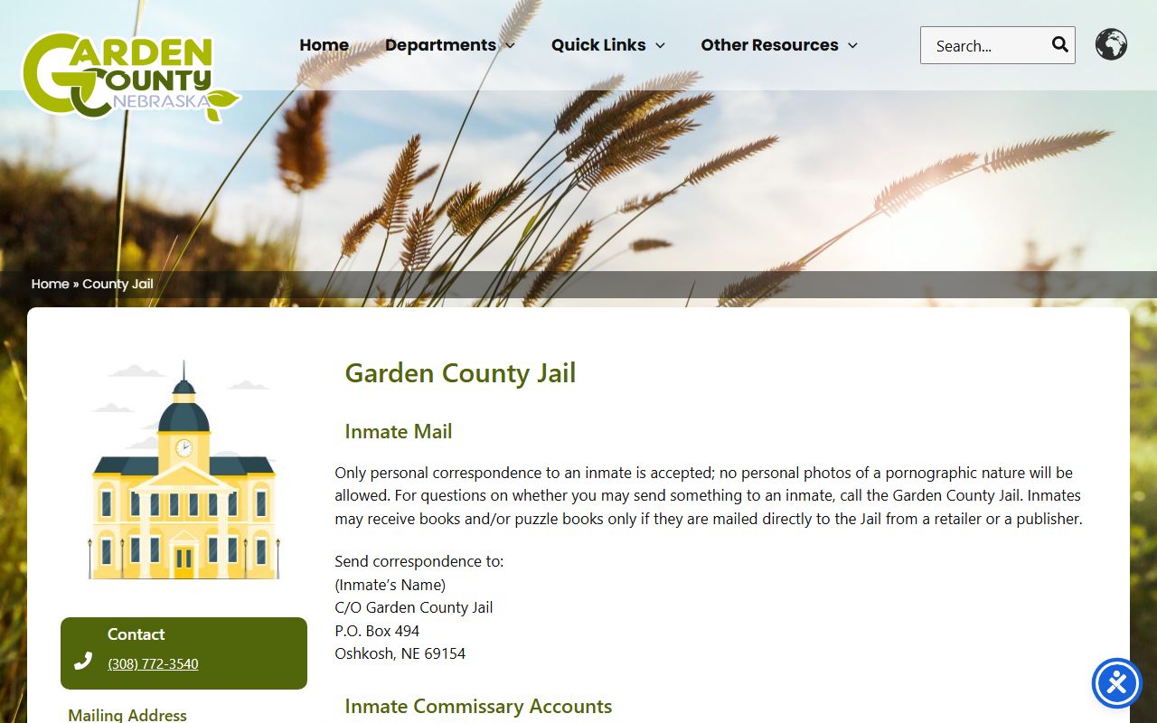 Garden County Jail information page for inmate visitation and commissary