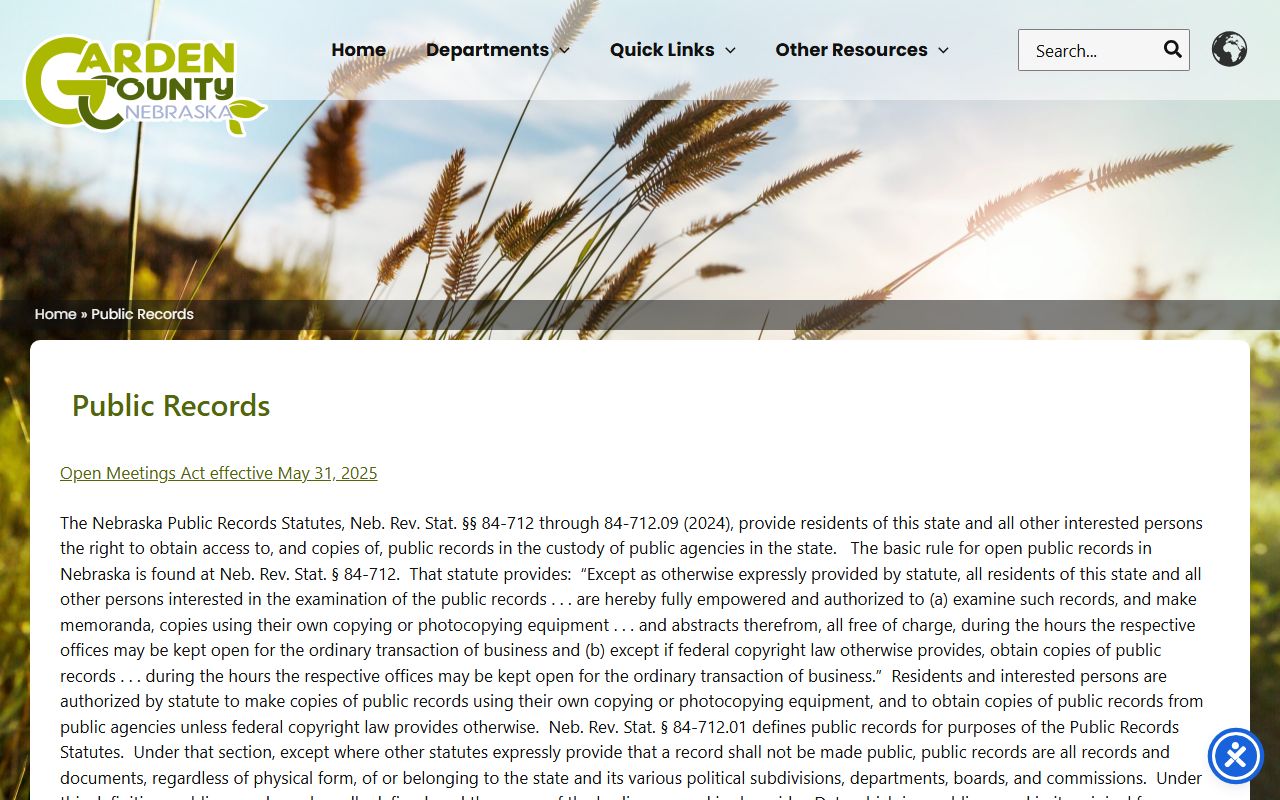 Garden County public records page explaining Nebraska Public Records Statutes