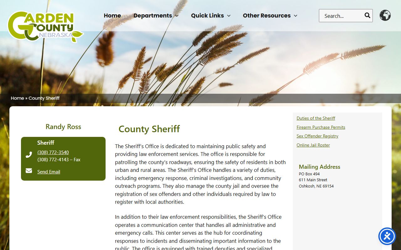 Garden County sheriff page for inmate population and jail roster access